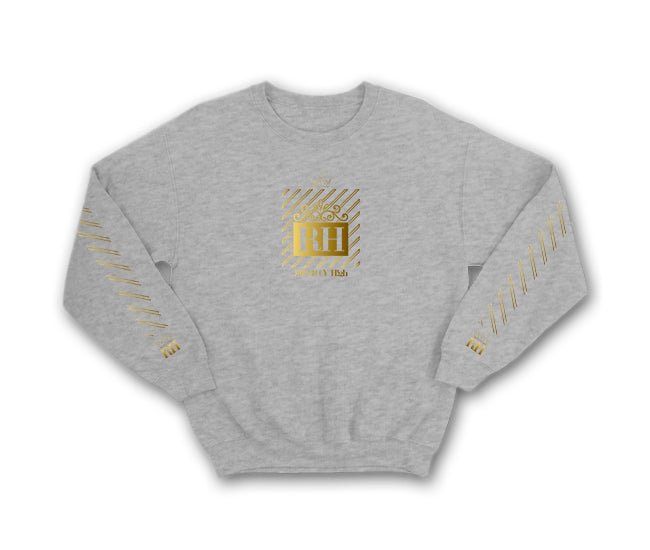 Heather Grey Streetwear Sweatshirt with gold RH design and gold stripe sleeves