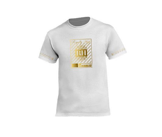 White streetwear T-shirt with gold rh crown design for men