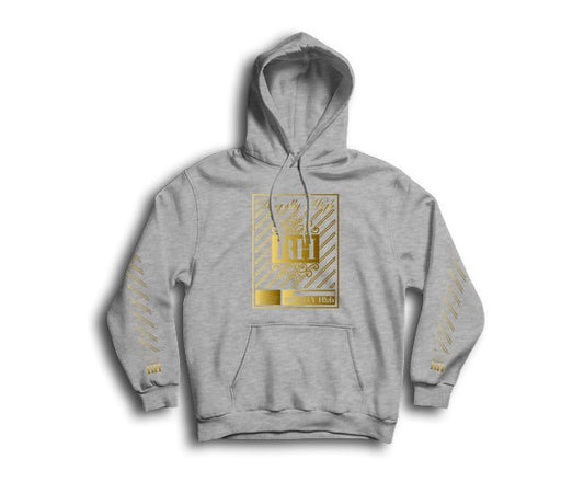 Iconic heather grey streetwear hoodie with gold rh crown design