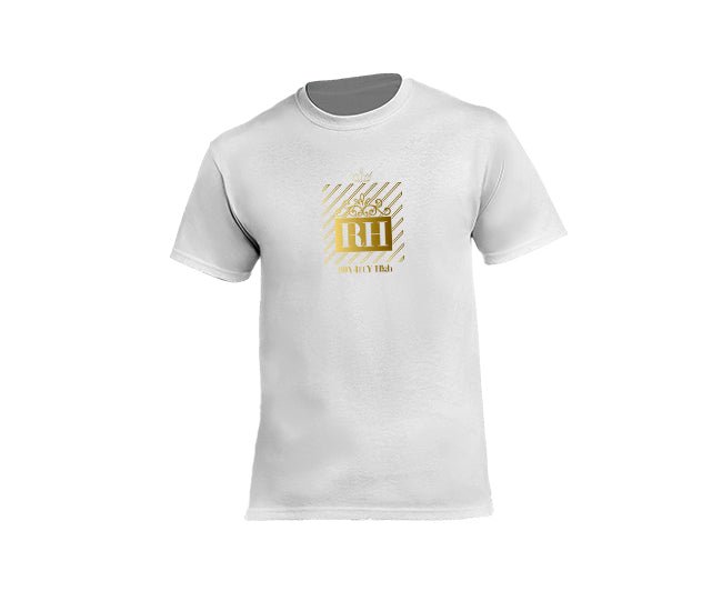 Mens white streetwear T-shirt with gold RH design