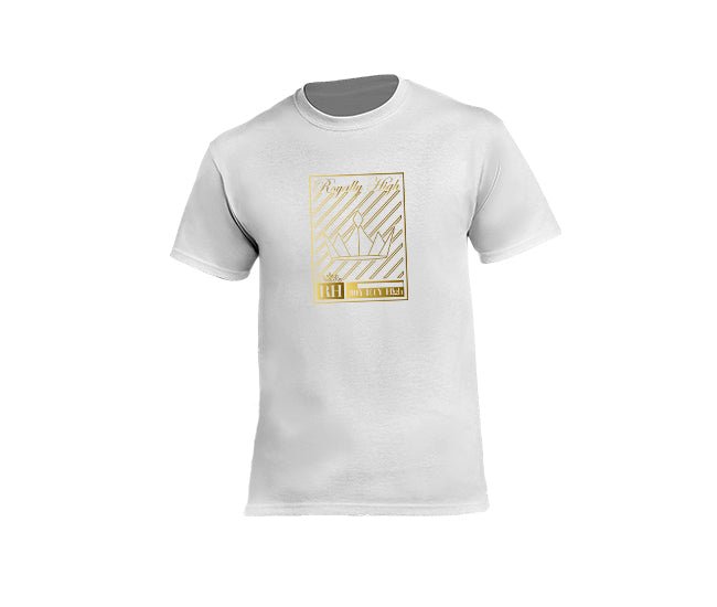 Mens white streetwear T-shirt with gold crown design