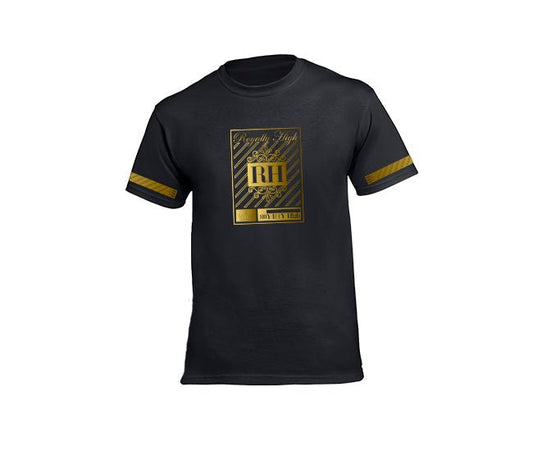 Black streetwear T-shirt with gold rh crown design for men