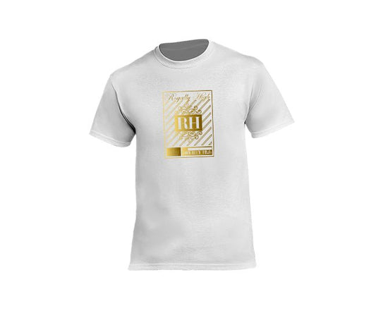 White streetwear T-shirt with gold rh crown design for men