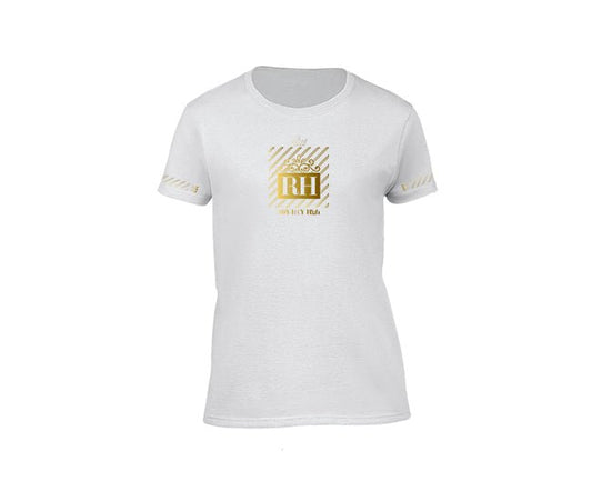 White streetwear T-shirt with silver rh design for ladies