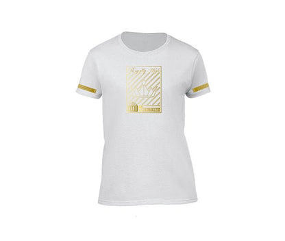 White streetwear T-shirt with gold crown design for ladies