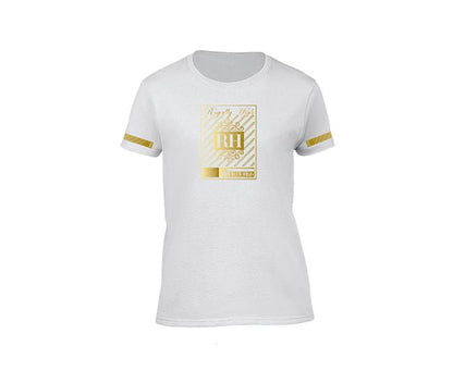 White streetwear T-shirt with gold rh crown design for ladies