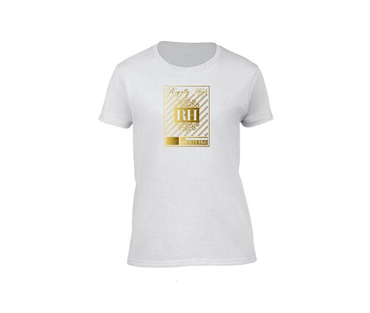 White streetwear T-shirt with gold rh crown design for ladies