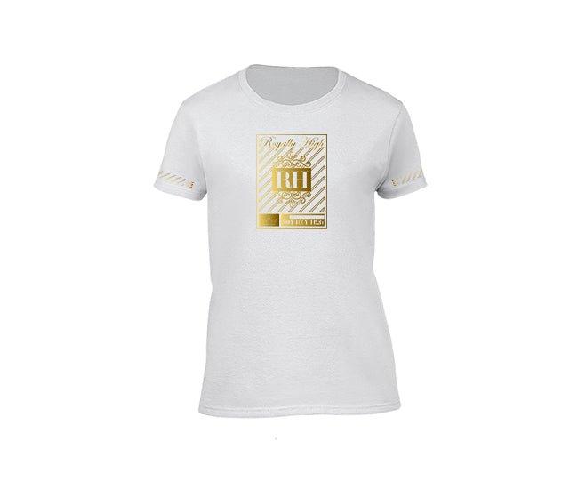 White streetwear T-shirt with gold rh crown design for ladies