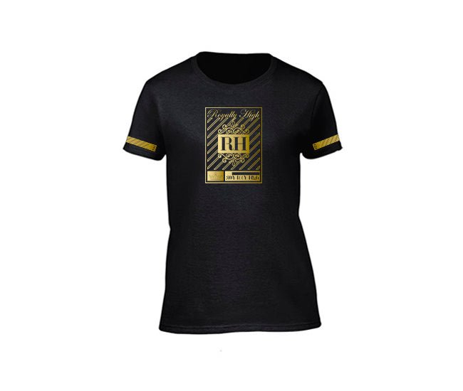 Black streetwear T-shirt with gold rh crown design for ladies