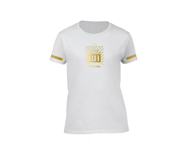 White streetwear T-shirt with silver rh design for ladies